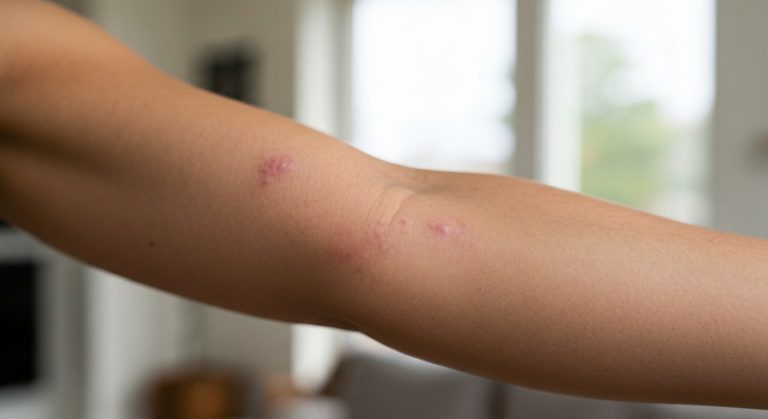 Detailní záběr na předloktí s mírnou alergickou vyrážkou a kopřivkou, přirozená struktura kůže v denním světle.