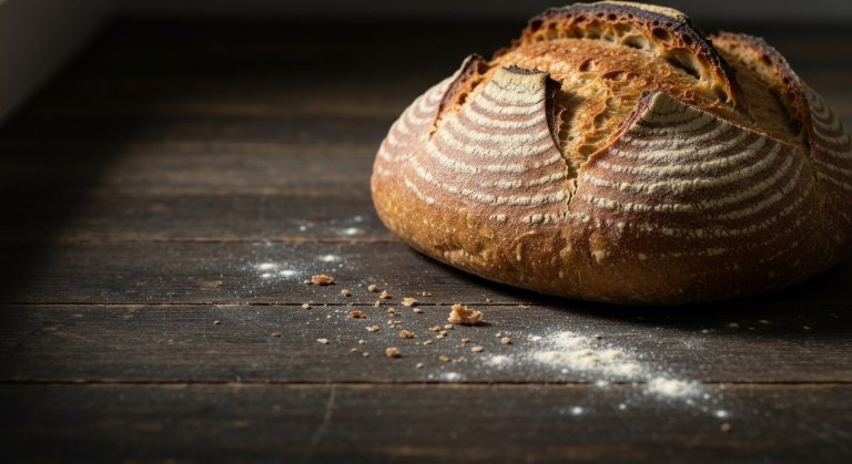 Detailní záběr na křupavý bochník kváskového chleba s moukou a drobky na tmavém dřevěném stole v přirozeném světle.