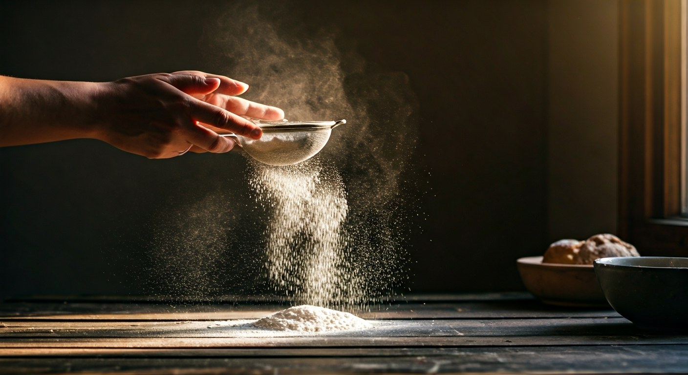 Příprava bezlepkových pokrmů v kuchyni Ruce prosévající bezlepkovou mouku na rustikální dřevěný stůl v kuchyni zalité teplým odpoledním sluncem.