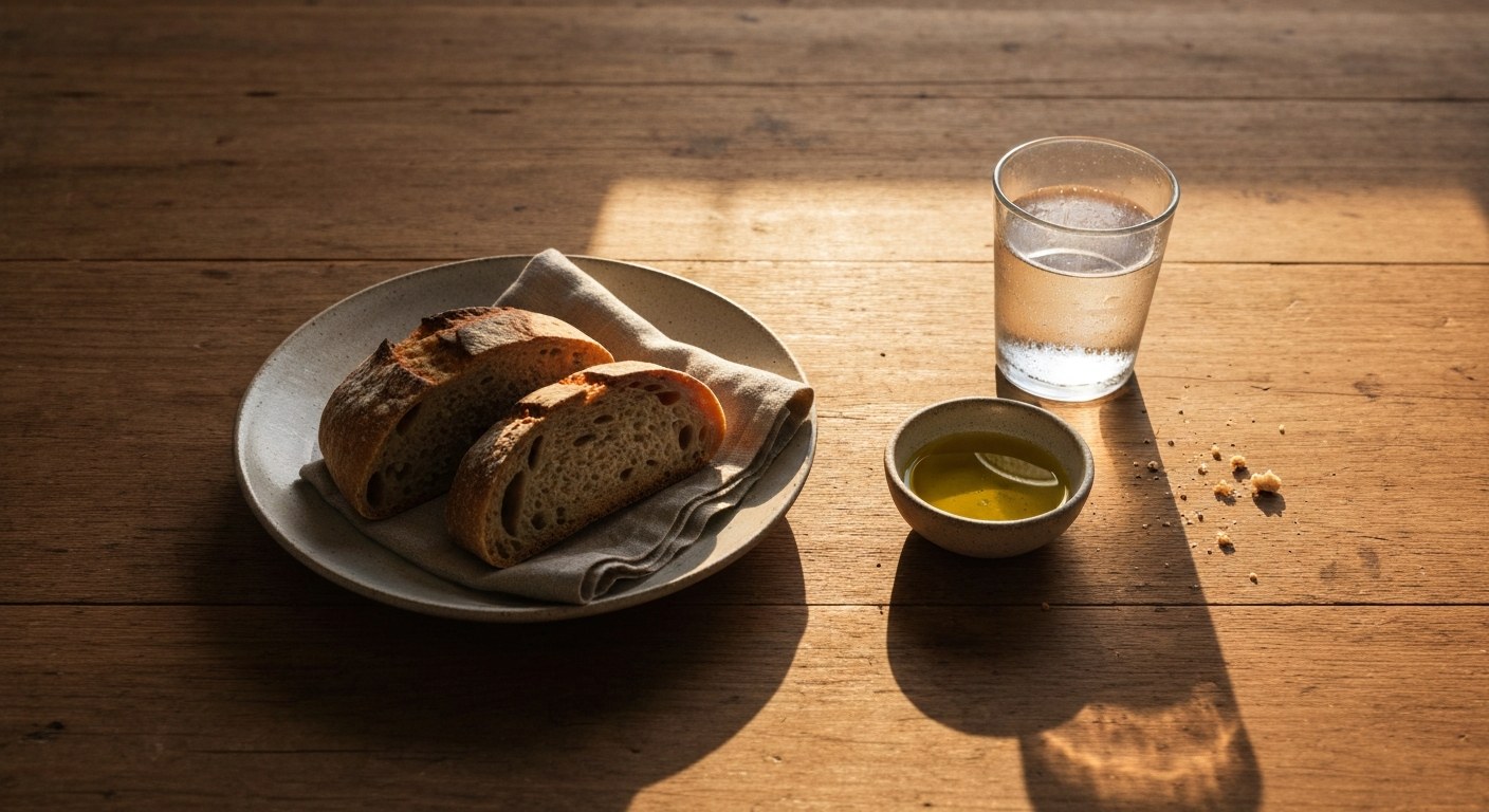 Bezlepková dieta jako cesta ke zdravé kůži Bezlepkový kváskový chléb na keramickém talíři, nasvícený teplým večerním sluncem na dřevěném stole.