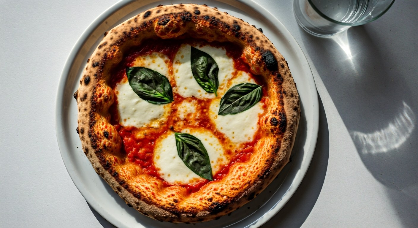 Bezlepková pizza Margherita zblízka Čerstvě upečená bezlepková pizza Margherita s mozzarellou a bazalkou na bílém talíři, pohled shora, přirozené světlo.