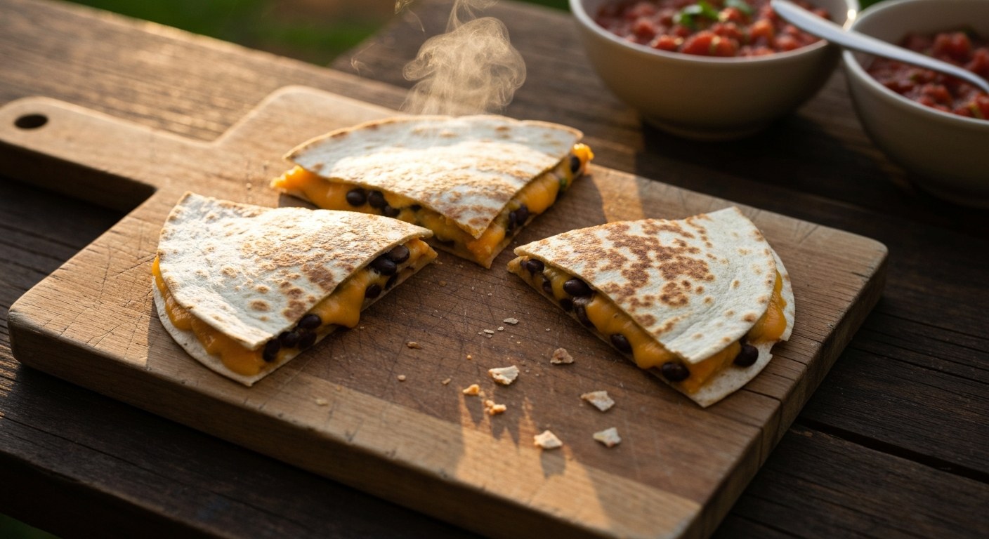 Zlatavá bezlepková quesadilla se sýrem nakrájená na trojúhelníky na dřevěném prkénku.