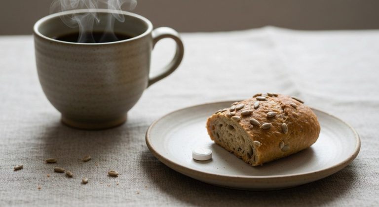 Detailní záběr na bezlepkovou snídani s jednou pilulkou na keramickém talíři a šálkem kávy na lněném ubrusu.