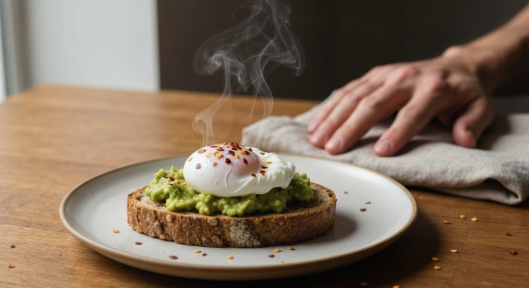 Zdravý jídelníček celiaka: Vzorový plán a nákupy 2 Detailní záběr na bezlepkový toast s avokádem a vajíčkem, položený na rustikálním dřevěném stole s lněným ubrouskem.