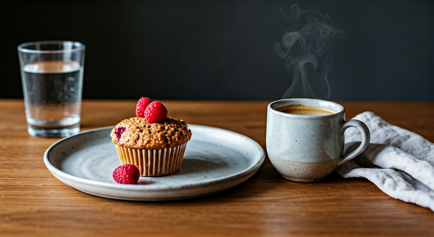 Snídaňové zátiší s bezlepkovým malinovým muffinem na talířku a šálkem horké kávy na dřevěném stole.