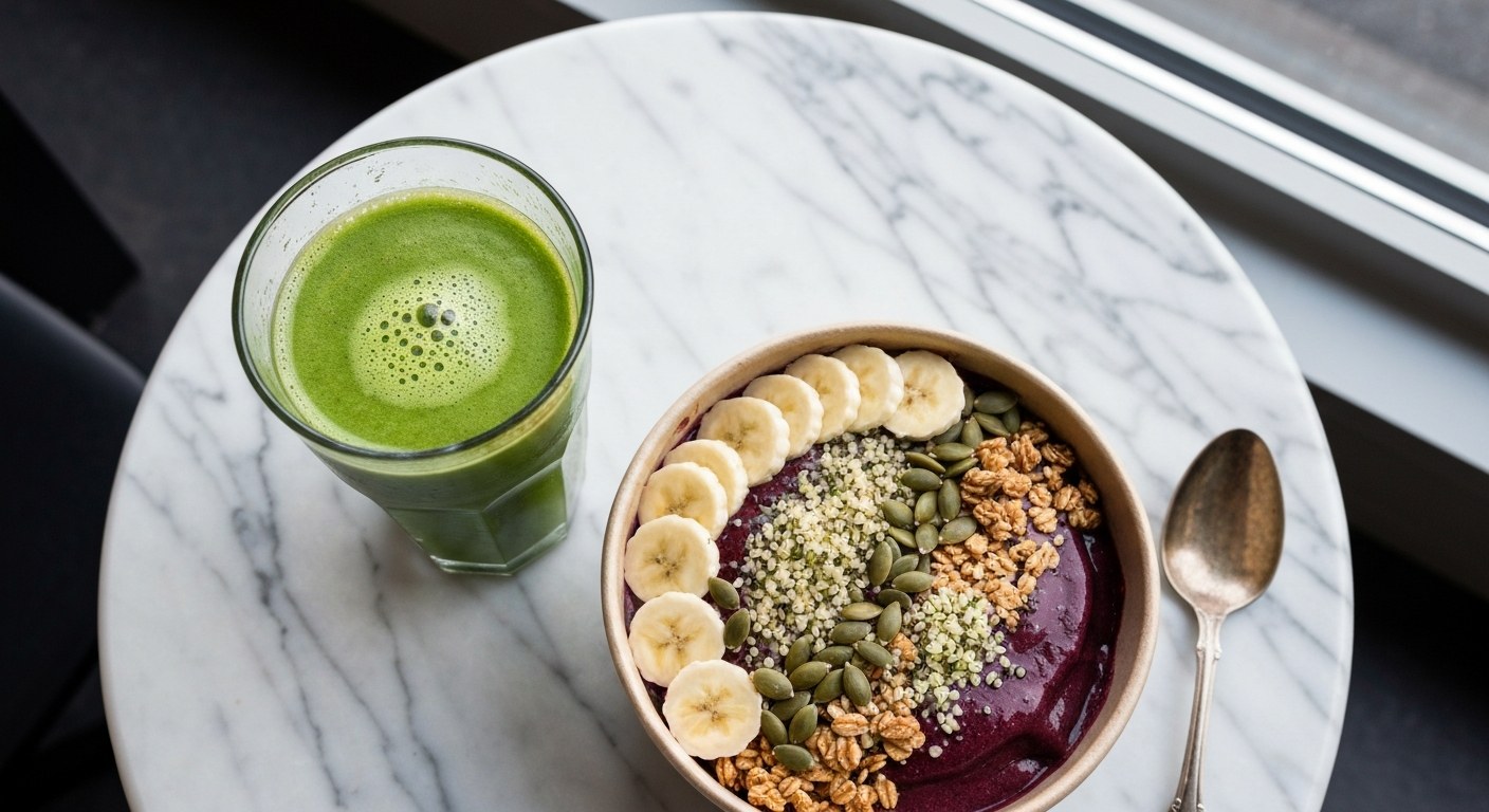 Barevná smoothie miska a čerstvá šťáva na mramorovém stolku v moderním ostravském bistru.