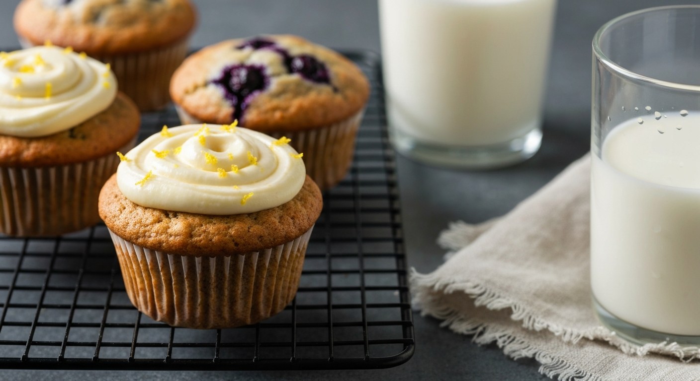 Tři bezlepkové borůvkové muffiny s citronovou polevou na chladicí mřížce v prosvětlené moderní kuchyni.