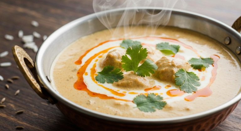 Nejlepší bezlepková indická restaurace: Průvodce pro celiaky 1 Záběr na misku s indickým máslovým kuřetem, rýží a čerstvým koriandrem na starém dřevěném stole.