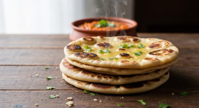 Bezlepkové indické placky: Autentický recept a druhy 11 Detailní záběr na naskládané bezlepkové indické placky naan s bylinkami na dřevěném stole u misky s čočkovým kari.