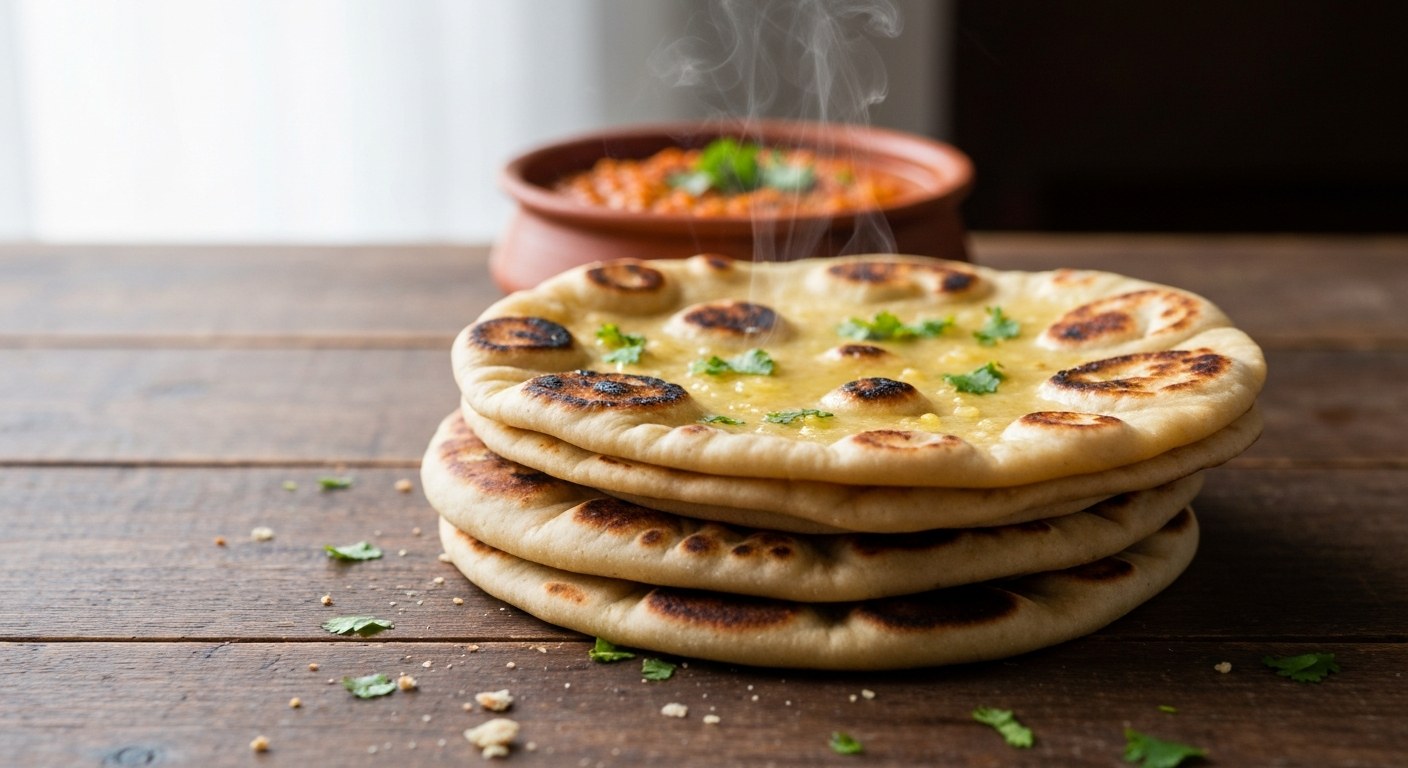 Detailní záběr na naskládané bezlepkové indické placky naan s bylinkami na dřevěném stole u misky s čočkovým kari.