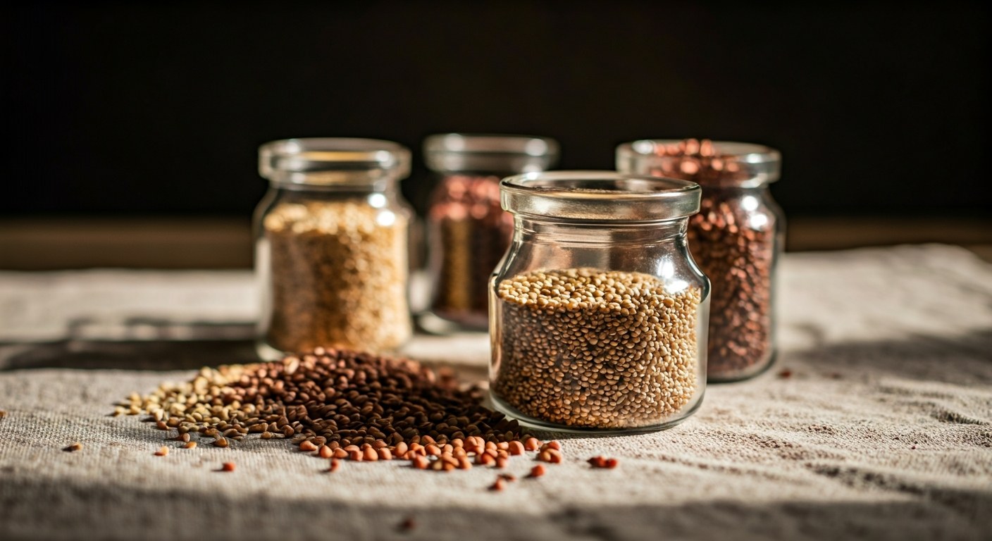 Skleněné dózy s různými druhy bezlepkových obilovin jako quinoa a pohanka na lněném ubruse v hřejivém večerním světle.
