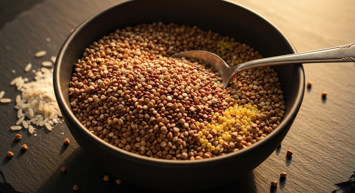Detailní makro záběr na směs bezlepkových zrn jako je pohanka, quinoa a jáhly v kameninové misce.