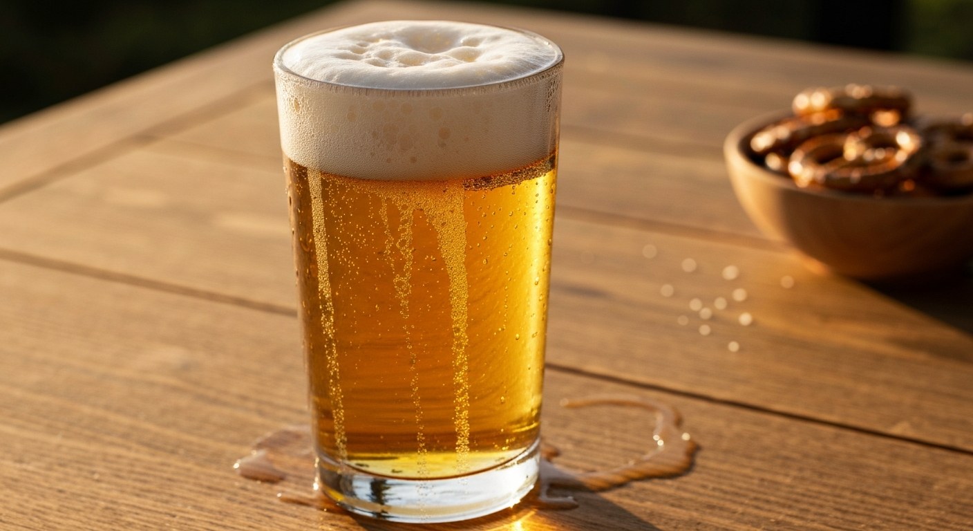Bezlepkové pivo Albert: Aktuální nabídka a recenze 2026 1 Detailní pohled na vysokou sklenici zlatavého piva s bohatou bílou pěnou a kapkami rosy na oroseném skle na dřevěném stole.