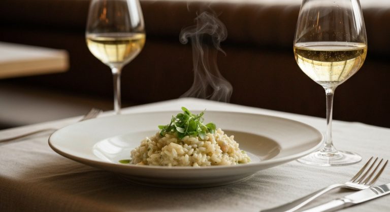Detailní záběr na lákavé bezlepkové rizoto v moderní restauraci s rozostřeným pozadím a sklenkou vína.