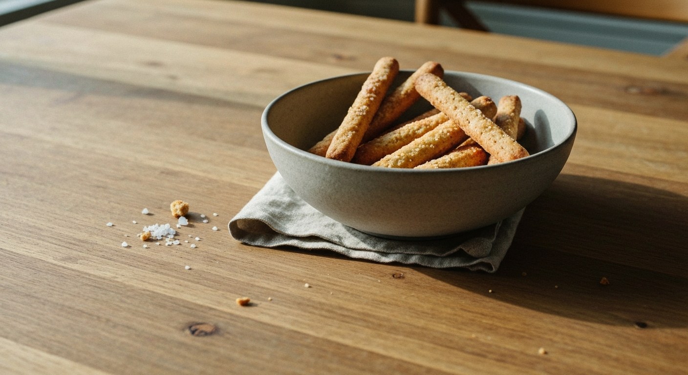 Detailní záběr na bezlepkové slané tyčinky v šedé keramické misce na dřevěném stole zalitém denním světlem.