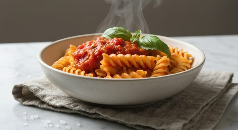 Detailní pohled na keramickou misku s bezlepkovými fusilli v rajčatové omáčce s čerstvou bazalkou na mramorovém stole.