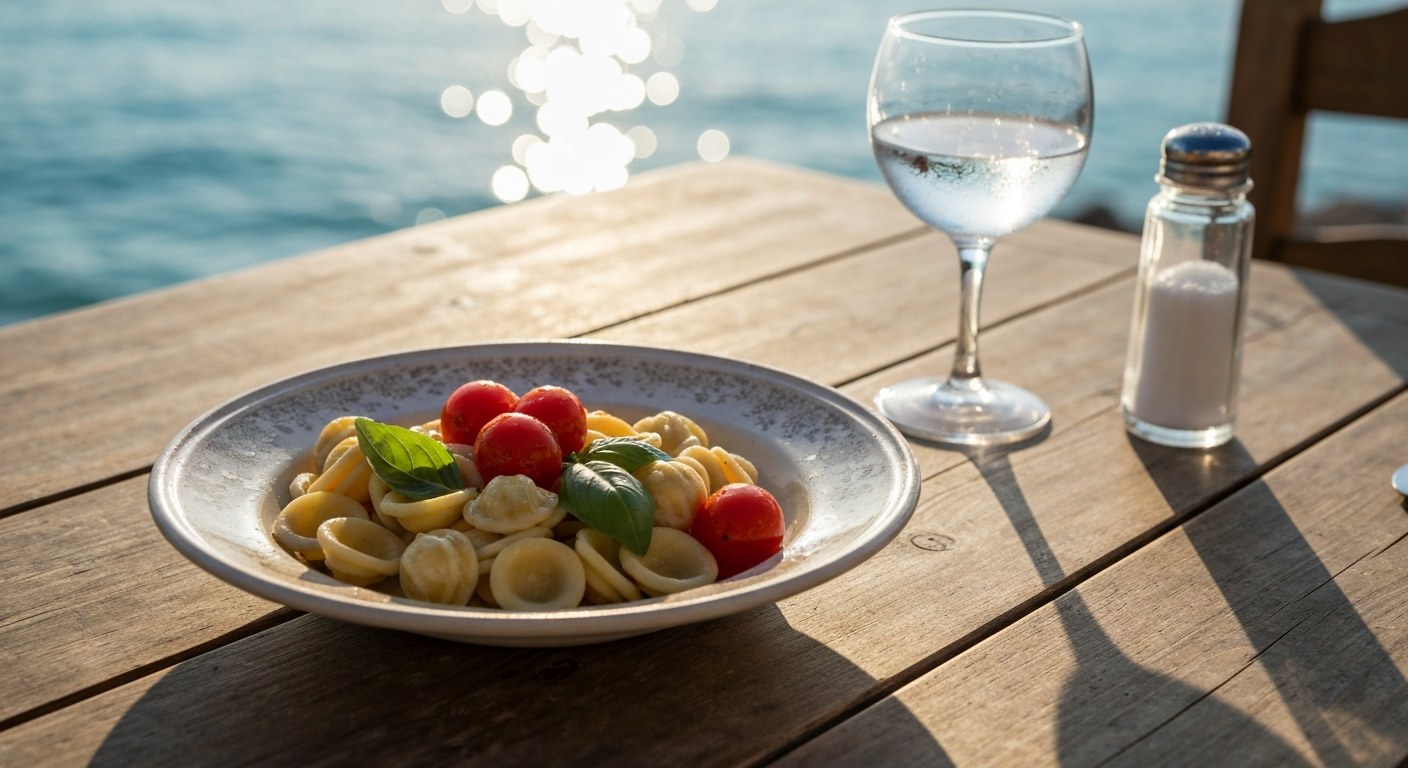 Bezlepkové těstoviny v italské Puglii Talíř s italskými bezlepkovými těstovinami orecchiette na dřevěném stole s výhledem na moře při západu slunce.