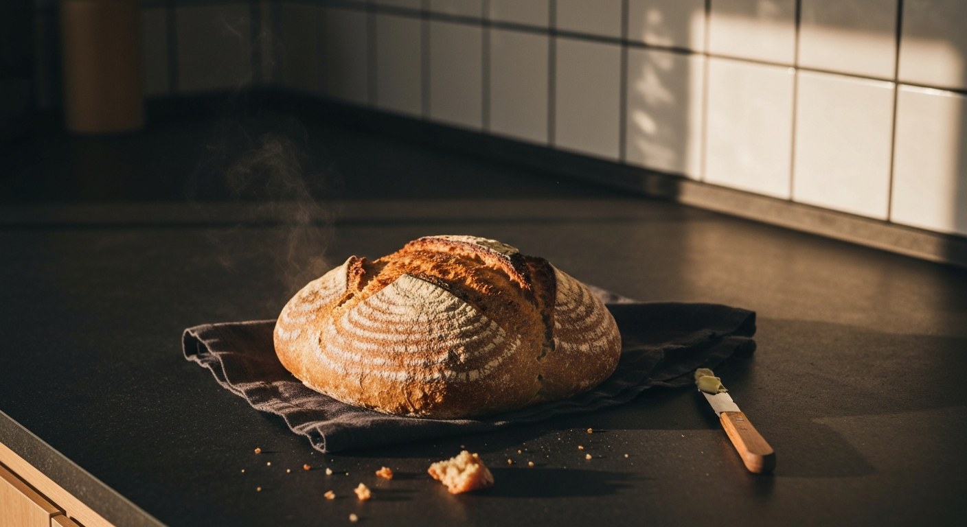Čerstvý bezlepkový kváskový chléb na lněné utěrce při západu slunce v moderní kuchyni.