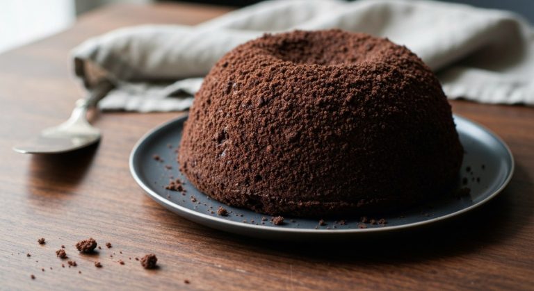 Dokonalý krtkův dort bez lepku: Recept krok za krokem 18 Celý bezlepkový krtkův dort na tmavém talíři, pokrytý bohatou vrstvou kakaových drobečků na dřevěném stole.