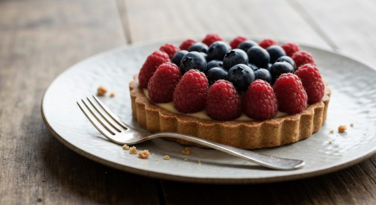 Sweet Life Gluten Free Anděl: Nejlepší bezlepková pekárna v Praze 19 Detailní záběr na čerstvý bezlepkový ovocný košíček na keramickém talíři s drobenkou a stříbrnou vidličkou.