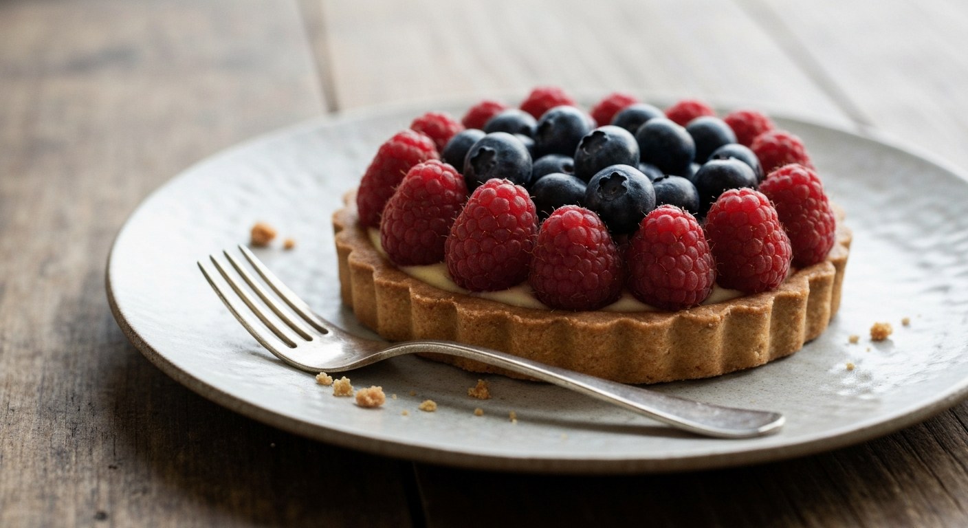 Sweet Life Gluten Free Anděl: Nejlepší bezlepková pekárna v Praze 1 Detailní záběr na čerstvý bezlepkový ovocný košíček na keramickém talíři s drobenkou a stříbrnou vidličkou.