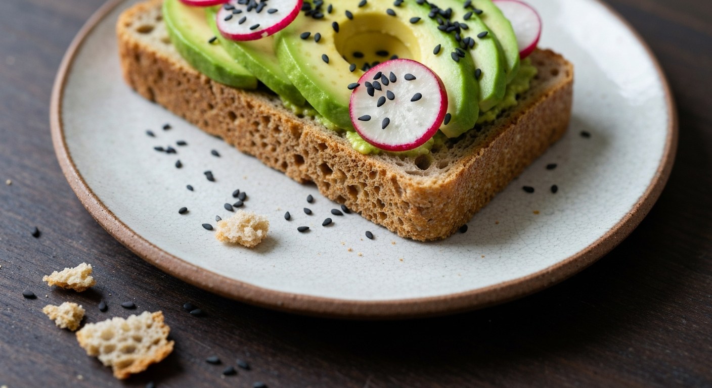 Detailní záběr na bezlepkový toast s avokádem a ředkvičkami na ručně vyráběném keramickém talíři na dřevěném stole.