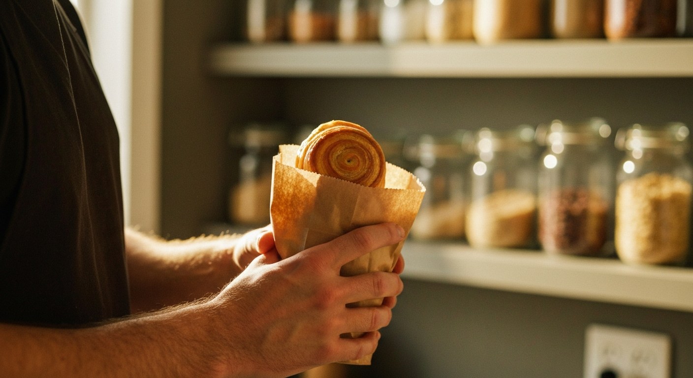 Ruce držící čerstvé bezlepkové pečivo v papírovém sáčku v prosluněné kuchyni během odpoledne.