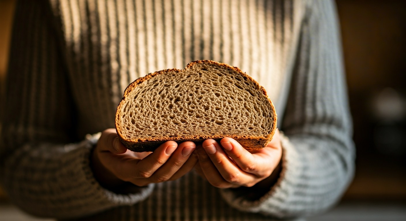 Detailní záběr na ruku držící krajíc čerstvého bezlepkového chleba se semínky v hřejivém světle.