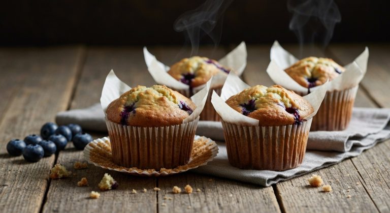 Tři borůvkové bezlepkové muffiny na lněném ubrousku a dřevěném stole s rozptýleným denním světlem.