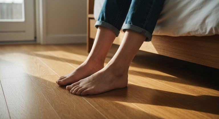 Detailní pohled na bosé nohy dospělého člověka na texturované dřevěné podlaze osvětlené ranním sluncem.