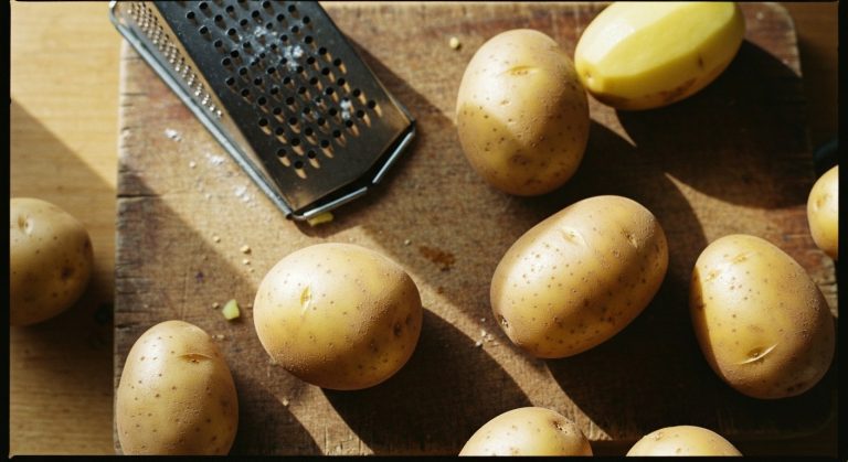 Bramborový knedlík bez lepku recept: Nadýchaný a pevný 10 Detailní záběr na vychlazené brambory ve slupce a kovové struhadlo na dřevěném prkénku v autentické kuchyni.