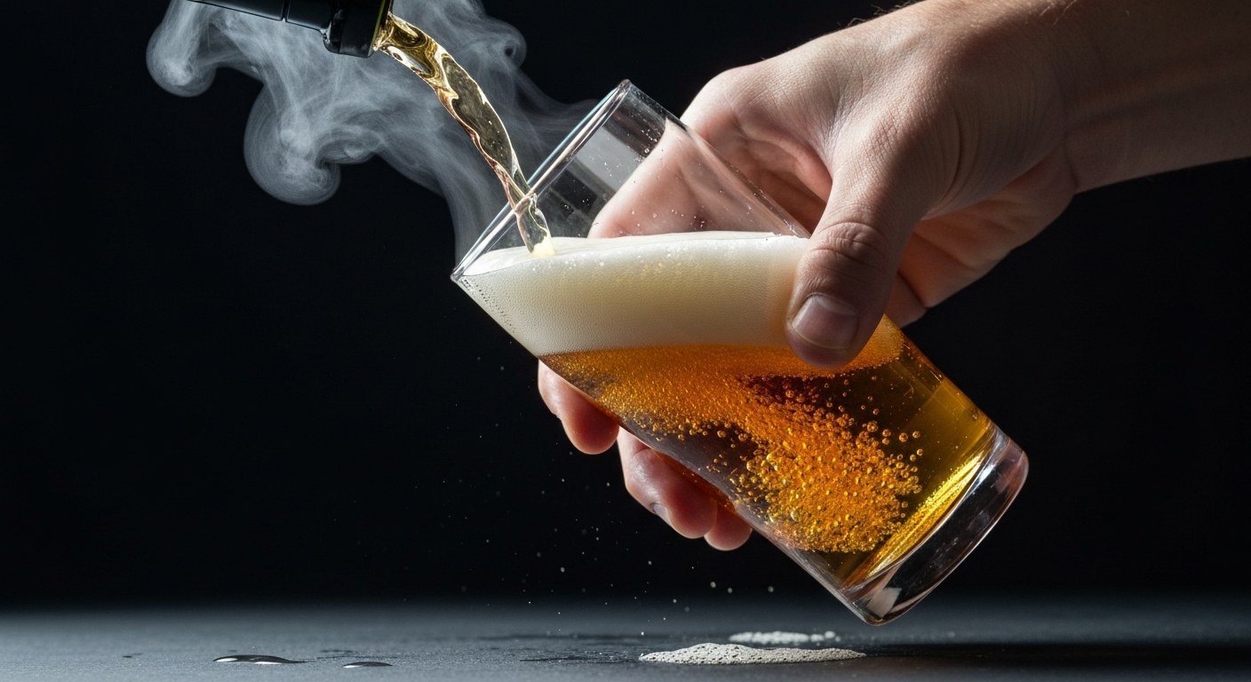Čepování piva s nízkým obsahem lepku Detailní záběr na ruku čepující jantarové pivo do sklenice s bohatou bílou pěnou.