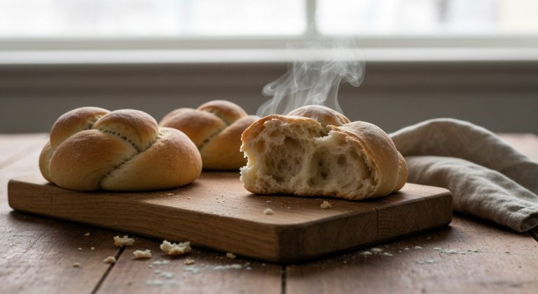 Nejlepší bezlepkové housky z Jizerky: Recept a tipy 20 Čerstvě upečené bezlepkové housky na dřevěném prkénku, jedna rozkrojená s viditelnou měkkou střídkou a stoupající párou.