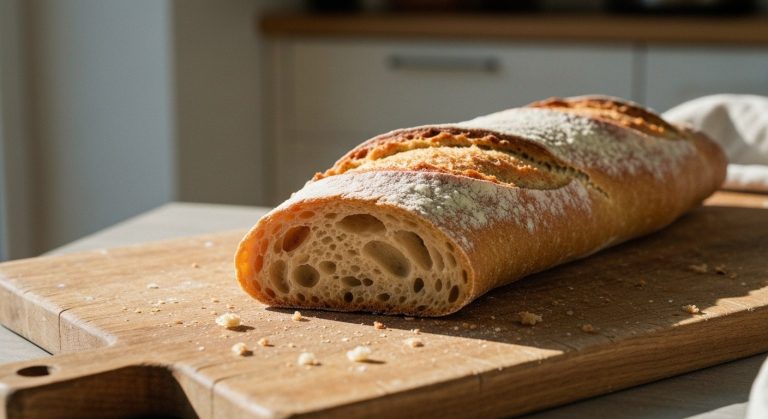Detailní pohled na čerstvě upečenou bezlepkovou bagetu na dřevěném prkénku s drobečky a jemným popraškem mouky.