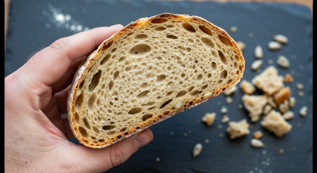 Detailní záběr na ruku držící krajíc čerstvého bezlepkového kváskového chleba se semínky na tmavém pozadí.