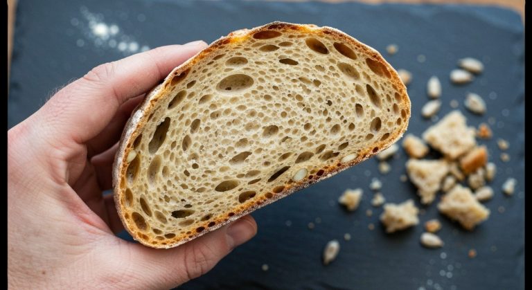 Detailní záběr na ruku držící krajíc čerstvého bezlepkového kváskového chleba se semínky na tmavém pozadí.