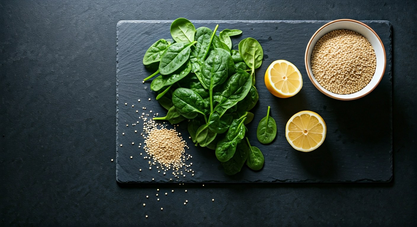 Bezlepková dieta jako cesta ke zdraví Čerstvé bezlepkové suroviny, špenát a quinoa na břidlicové desce připravené k přípravě zdravého jídla.