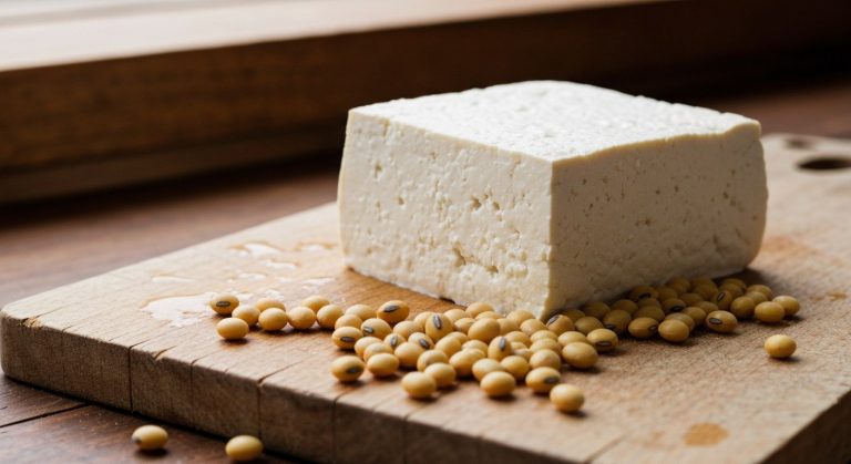 Čerstvý blok bílého tofu na navlhlém dřevěném prkénku obklopený hrstí sušených sójových bobů v denním světle.