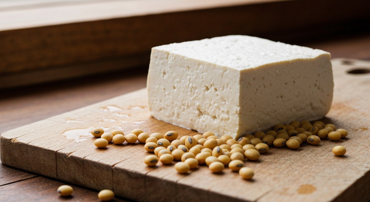 Tofu a lepek: Vše, co musíte v roce 2026 vědět o sójovém sýru 1 Čerstvý blok bílého tofu na navlhlém dřevěném prkénku obklopený hrstí sušených sójových bobů v denním světle.