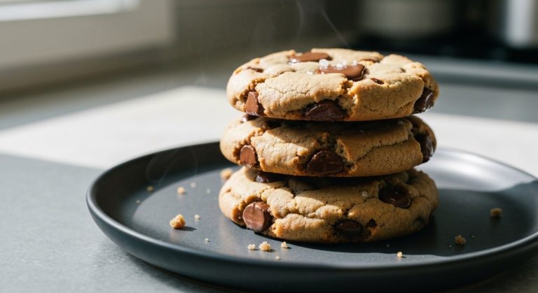 Detailní pohled na hromádku domácích čokoládových cookies na šedém talíři s viditelnými kousky rozpuštěné čokolády.