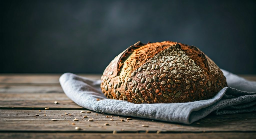 Detailní záběr na domácí bezlepkový chléb se semínky na lněném ubrousku a dřevěném stole s roztroušenými drobky.