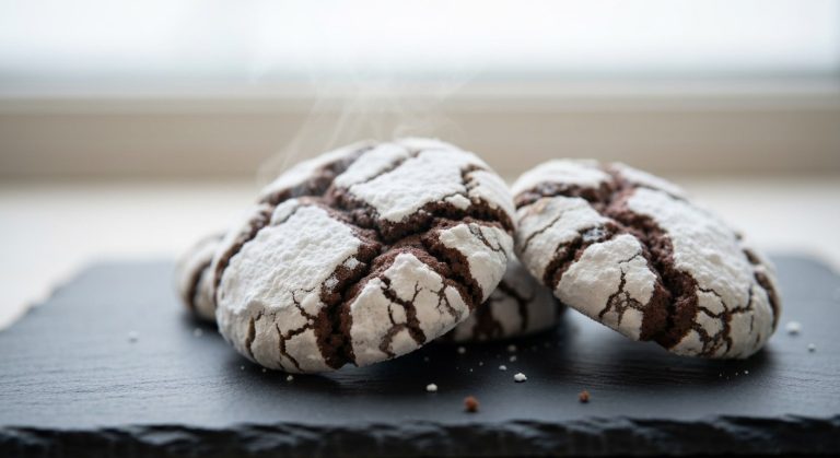 Nejlepší crinkles bez lepku: Recept na popraskané cukroví 4 Detailní pohled na čokoládové crinkles s hlubokými prasklinami a popraškem cukru na břidlicové podložce.
