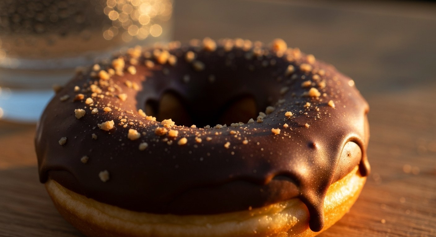 Makro detail bezlepkového donutu s hustou čokoládovou polevou a posypem z drcených ořechů v teplém večerním světle.