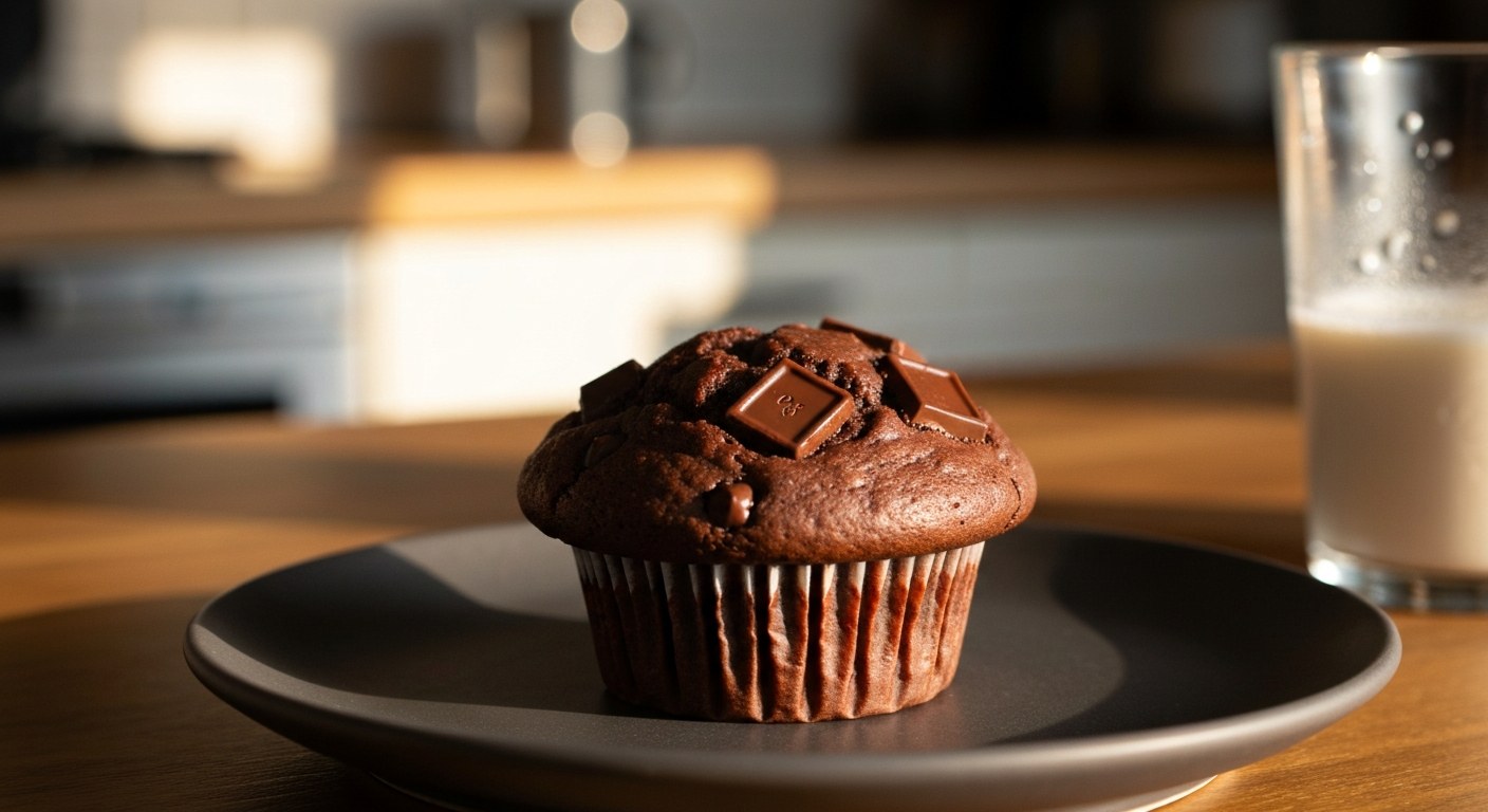 Čokoládový muffin s kousky čokolády na tmavém talíři v hřejivém večerním světle.
