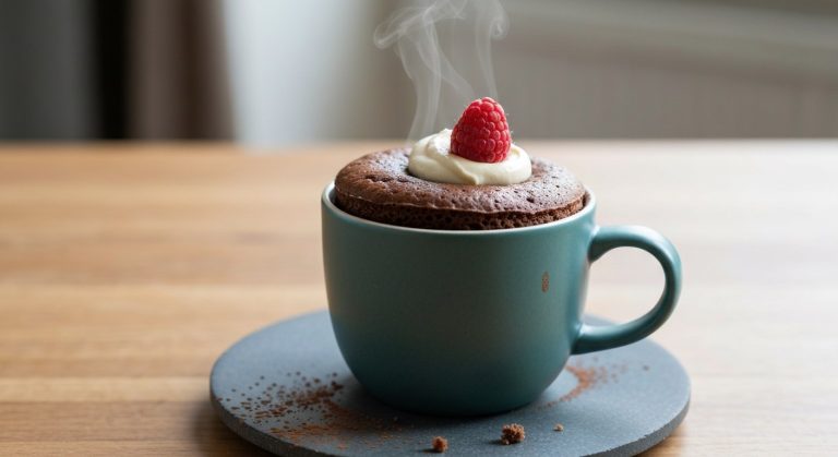 Mug cake bez lepku: Dokonalý recept, který se vždy povede (2026) 9 Detailní záběr na čerstvě upečený čokoládový mug cake bez lepku v modrém hrnečku s kopečkem krému a malinou.
