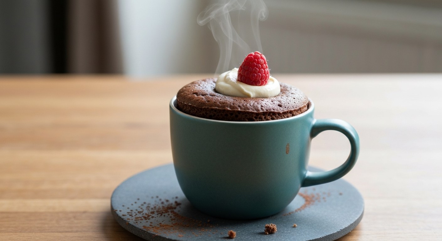 Mug cake bez lepku: Dokonalý recept, který se vždy povede (2026) 1 Detailní záběr na čerstvě upečený čokoládový mug cake bez lepku v modrém hrnečku s kopečkem krému a malinou.