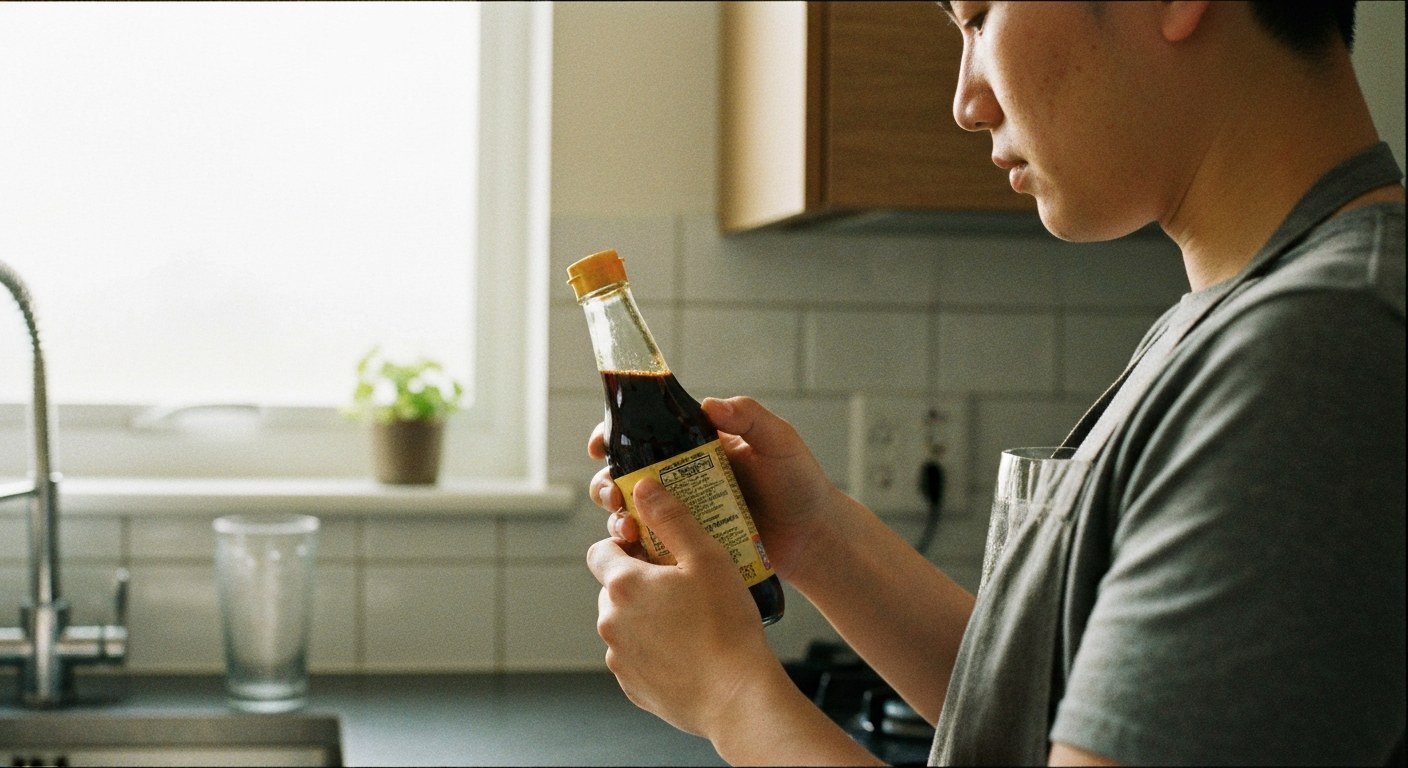 Osoba v kuchyni pozorně zkoumá složení na etiketě sójové omáčky kvůli obsahu lepku.