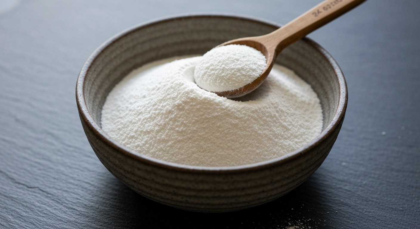 Bílý deproteinovaný pšeničný škrob v keramické misce s dřevěnou lžící na tmavém břidlicovém podkladu.