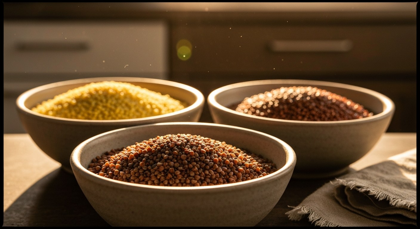 Tři keramické misky s různými druhy bezlepkových obilovin jako jáhly a quinoa na rustikálním stole při západu slunce.