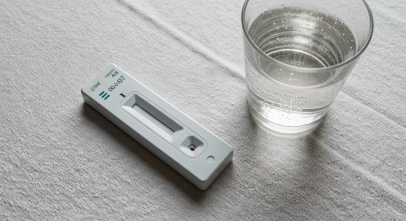 Detail domácího testu na lepek Detailní záběr na domácí testovací kazetu položenou na lněném ubrusu vedle sklenice vody s kondenzací.